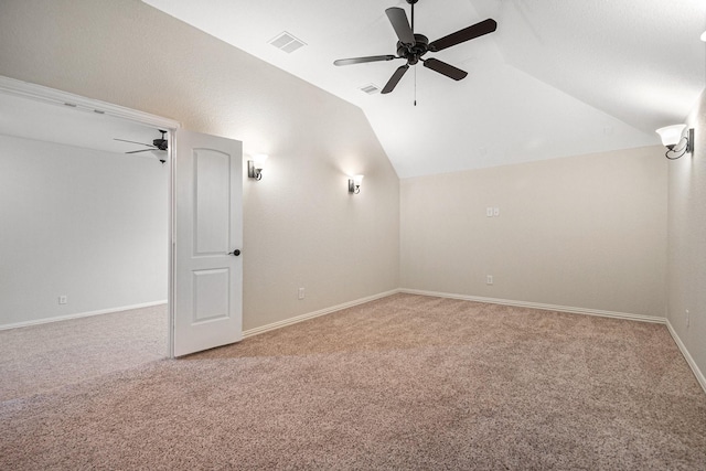 bonus room featuring ceiling fan, lofted ceiling, and carpet floors