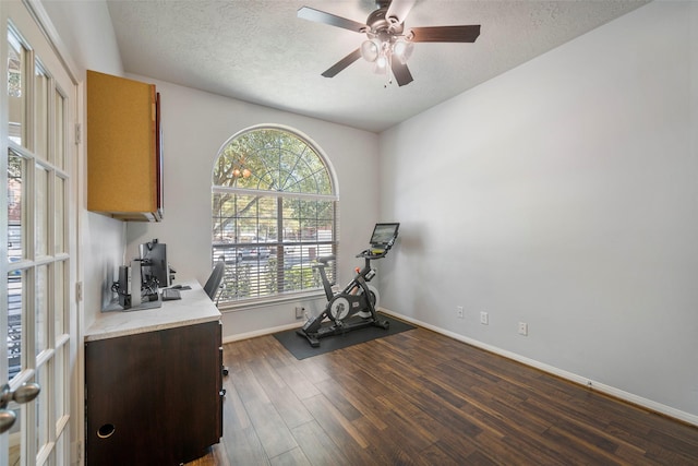 exercise room featuring ceiling fan, dark hardwood / wood-style floors, and a textured ceiling