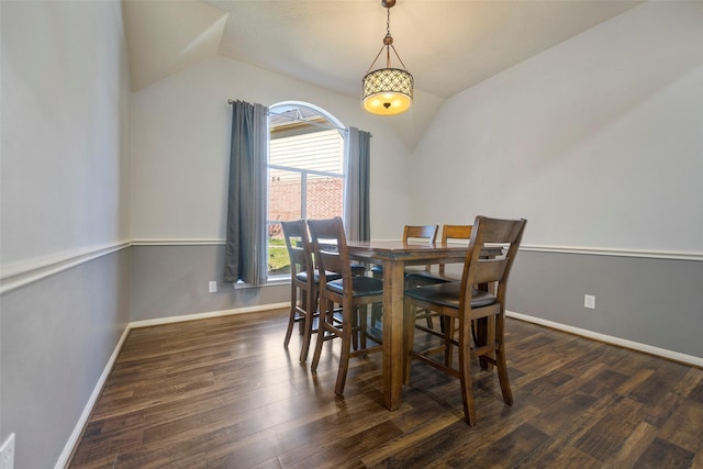 dining space with vaulted ceiling and dark hardwood / wood-style flooring