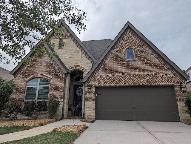 view of front of house with brick siding, roof with shingles, concrete driveway, a garage, and stone siding