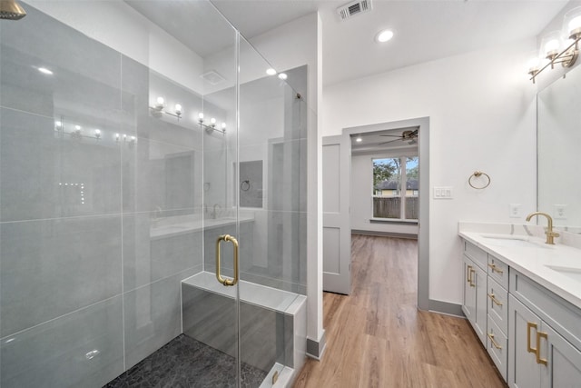 bathroom with wood-type flooring, vanity, and a shower with shower door