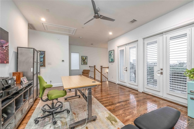 office featuring hardwood / wood-style flooring and ceiling fan