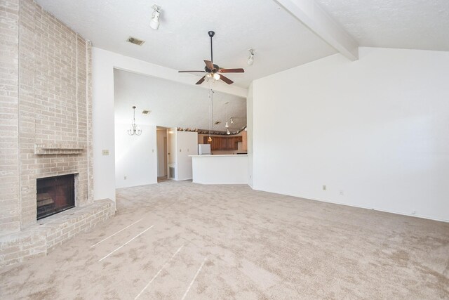 1478 Willow Wisp Dr, Missouri City, TX 77489 - unfurnished living room with ceiling fan, a brick fireplace, and light colored carpet