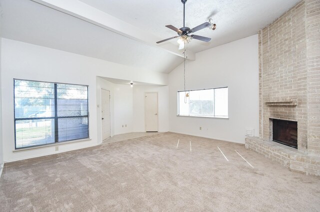 1478 Willow Wisp Dr, Missouri City, TX 77489 - unfurnished living room featuring carpet flooring, a fireplace, ceiling fan, baseboards, and high vaulted ceiling