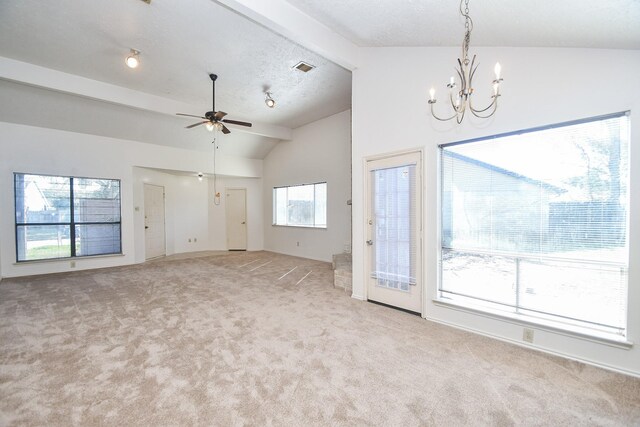 1478 Willow Wisp Dr, Missouri City, TX 77489 - unfurnished living room featuring light colored carpet, a chandelier, and ceiling fan