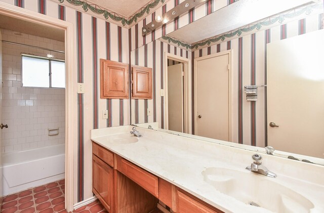 1478 Willow Wisp Dr, Missouri City, TX 77489 - full bathroom with wallpapered walls, double vanity, shower / washtub combination, and tile patterned flooring