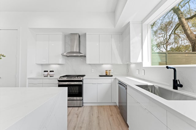 kitchen with sink, light hardwood / wood-style flooring, appliances with stainless steel finishes, white cabinetry, and wall chimney exhaust hood