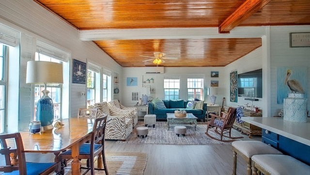 living room featuring a wall unit AC, a healthy amount of sunlight, hardwood / wood-style floors, and wood ceiling