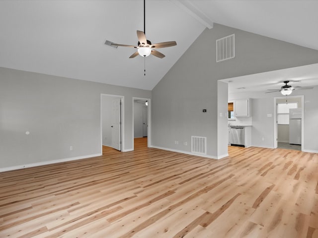 unfurnished living room with light wood finished floors, ceiling fan, and visible vents