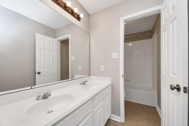 full bathroom with tile patterned flooring, vanity, bathing tub / shower combination, and toilet