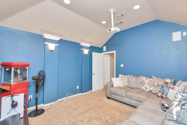 living room with vaulted ceiling and carpet floors