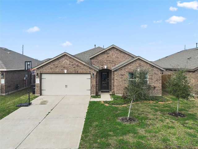 ranch-style house with a garage and a front yard