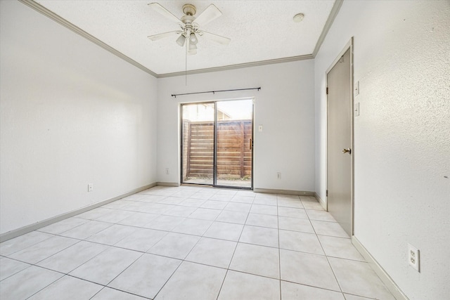 unfurnished room with ceiling fan, crown molding, a textured ceiling, and light tile patterned flooring