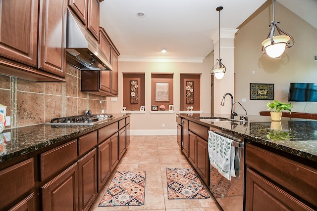 kitchen with under cabinet range hood, ornamental molding, decorative backsplash, stainless steel appliances, and a sink