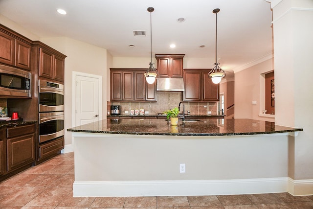 kitchen with under cabinet range hood, decorative backsplash, appliances with stainless steel finishes, and dark stone counters