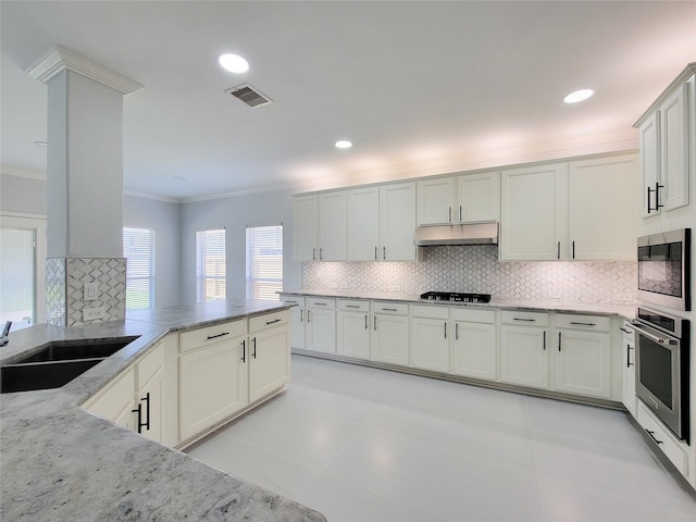 kitchen featuring ornamental molding, stainless steel appliances, light stone countertops, and backsplash