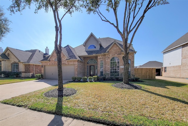 view of front of home with a garage and a front lawn