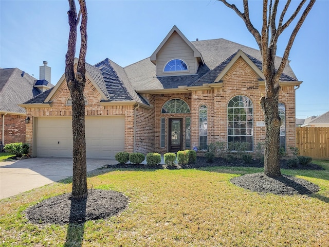 view of front of house with a garage and a front lawn