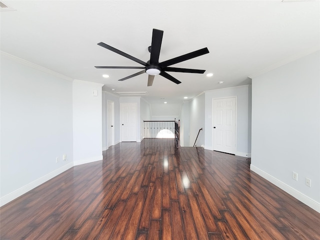 unfurnished living room with ornamental molding, dark hardwood / wood-style floors, and ceiling fan