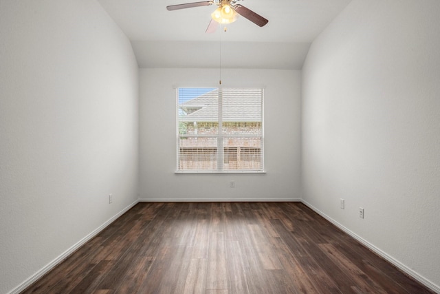 114 Kohen Ct, Montgomery, TX 77316 - unfurnished room with dark wood-type flooring, ceiling fan, baseboards, and vaulted ceiling