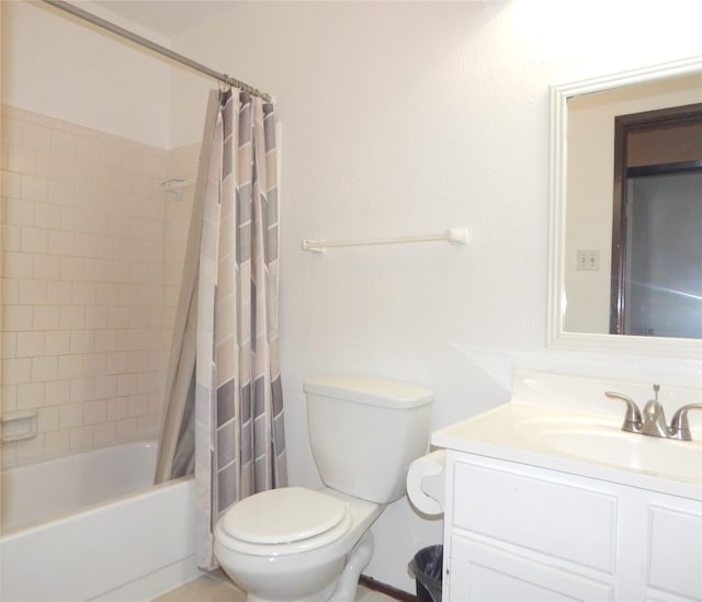 full bathroom featuring vanity, shower / bathtub combination with curtain, and toilet