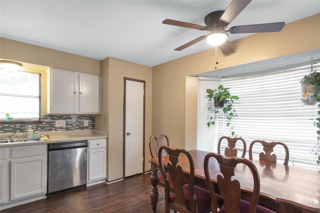 dining room featuring dark wood-type flooring and ceiling fan