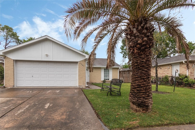 ranch-style house with a front yard, an attached garage, brick siding, and concrete driveway