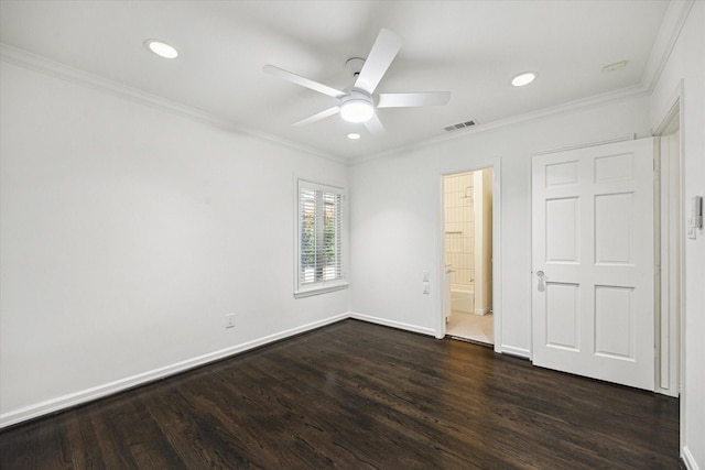 unfurnished bedroom featuring crown molding, ceiling fan, connected bathroom, and dark hardwood / wood-style flooring