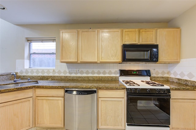 kitchen with gas stove, sink, stainless steel dishwasher, and light brown cabinetry