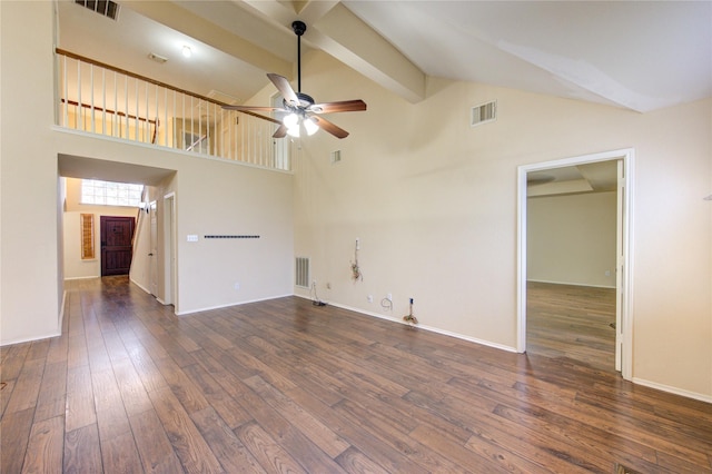 unfurnished living room with dark hardwood / wood-style flooring, beam ceiling, high vaulted ceiling, and ceiling fan