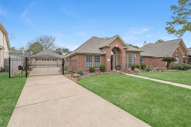 traditional home with a gate, a front lawn, and brick siding