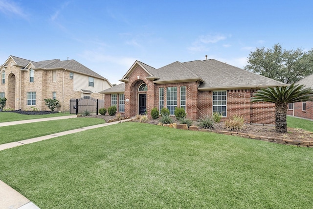 view of front facade featuring a front yard, a shingled roof, a gate, and brick siding