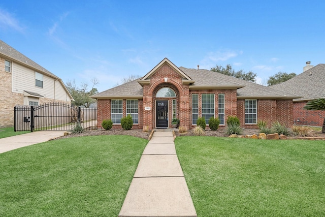 view of front of property with a front yard, a gate, brick siding, and roof with shingles