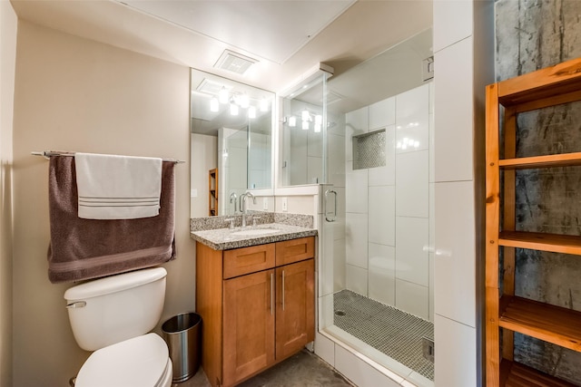 full bathroom with toilet, a stall shower, vanity, and visible vents