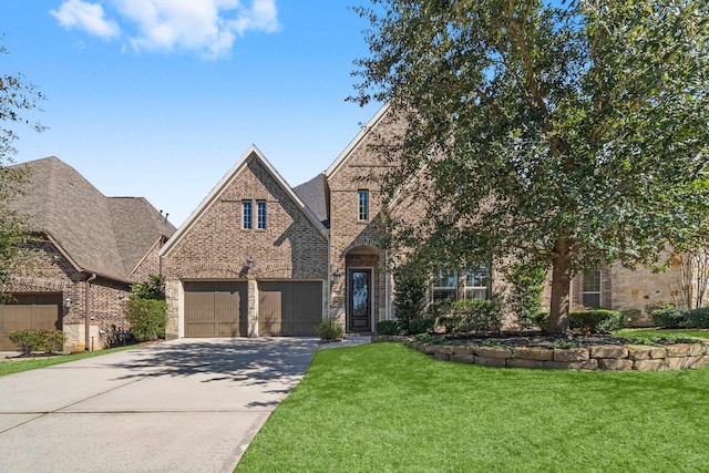 view of front of property featuring concrete driveway, brick siding, and a front lawn