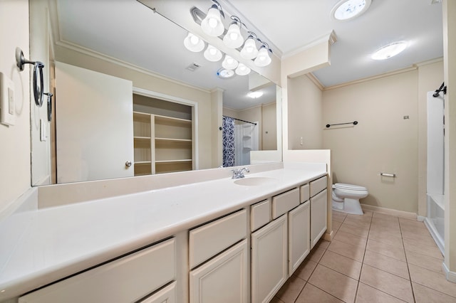 full bath with visible vents, toilet, tile patterned floors, crown molding, and vanity