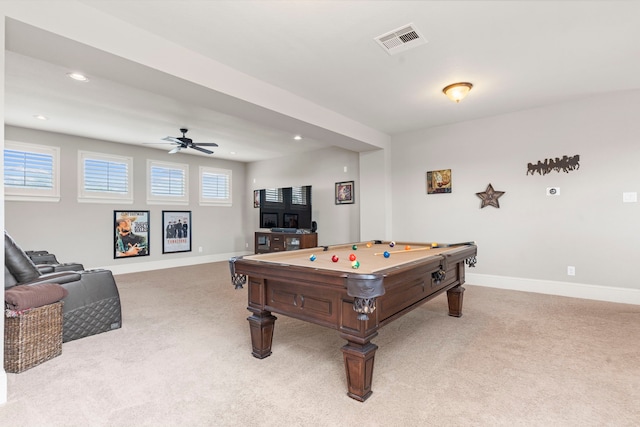 rec room with ceiling fan, billiards, and light carpet