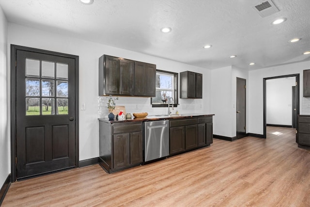 kitchen featuring sink, backsplash, stainless steel dishwasher, and light wood-type flooring