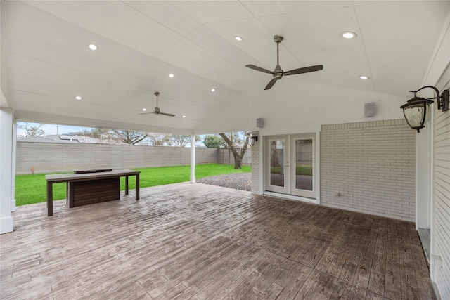 view of patio with french doors, ceiling fan, and a deck