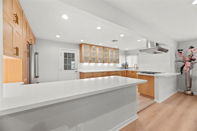 kitchen with backsplash, stainless steel appliances, range hood, kitchen peninsula, and light wood-type flooring