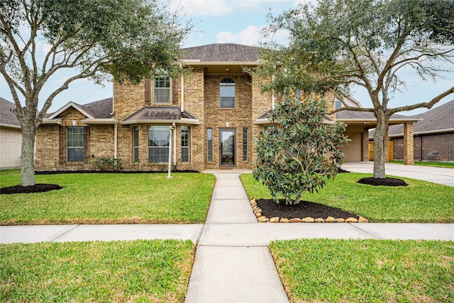 view of front of home featuring a front yard and a garage