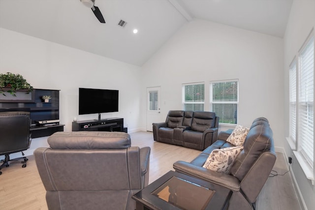 living room featuring beamed ceiling, high vaulted ceiling, and light hardwood / wood-style flooring