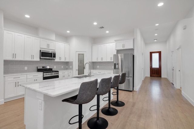 kitchen featuring a kitchen bar, sink, white cabinetry, an island with sink, and stainless steel appliances