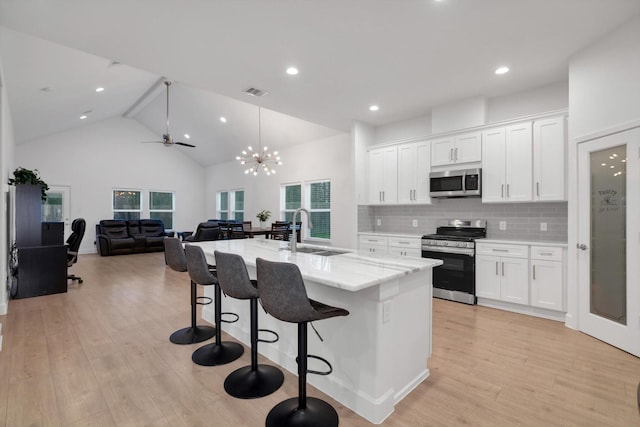 kitchen featuring white cabinetry, sink, stainless steel appliances, and a center island with sink