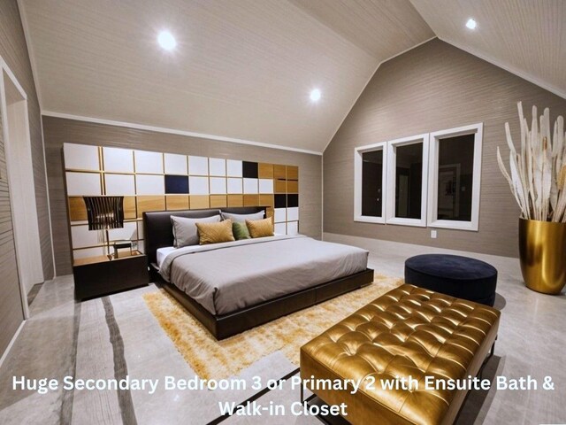 bedroom with lofted ceiling and recessed lighting