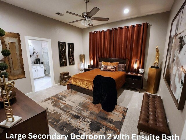 bedroom with ceiling fan, connected bathroom, recessed lighting, light carpet, and visible vents