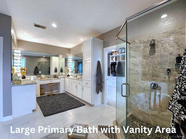 full bath with recessed lighting, visible vents, vanity, and a shower stall