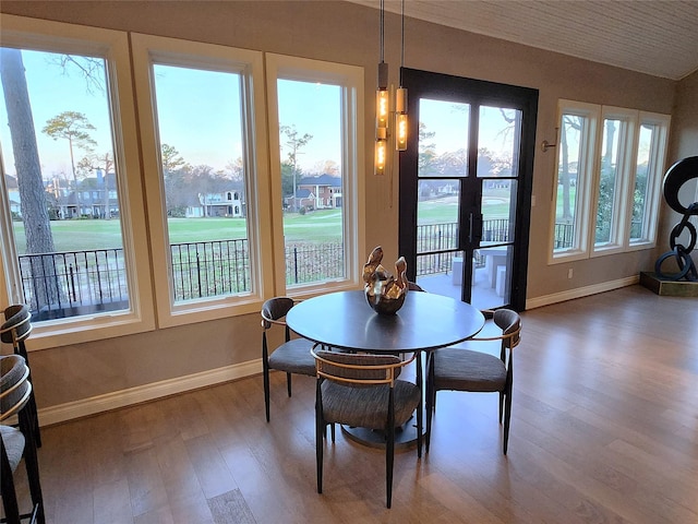 dining room featuring baseboards, french doors, a wealth of natural light, and wood finished floors