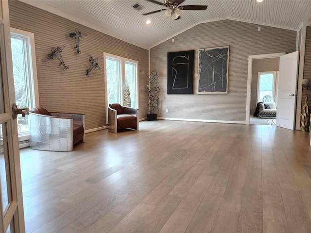 unfurnished room featuring lofted ceiling, recessed lighting, a ceiling fan, light wood-type flooring, and baseboards