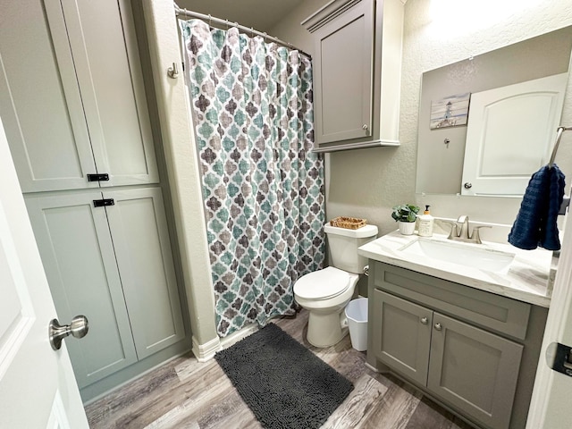 bathroom with vanity, hardwood / wood-style flooring, and toilet